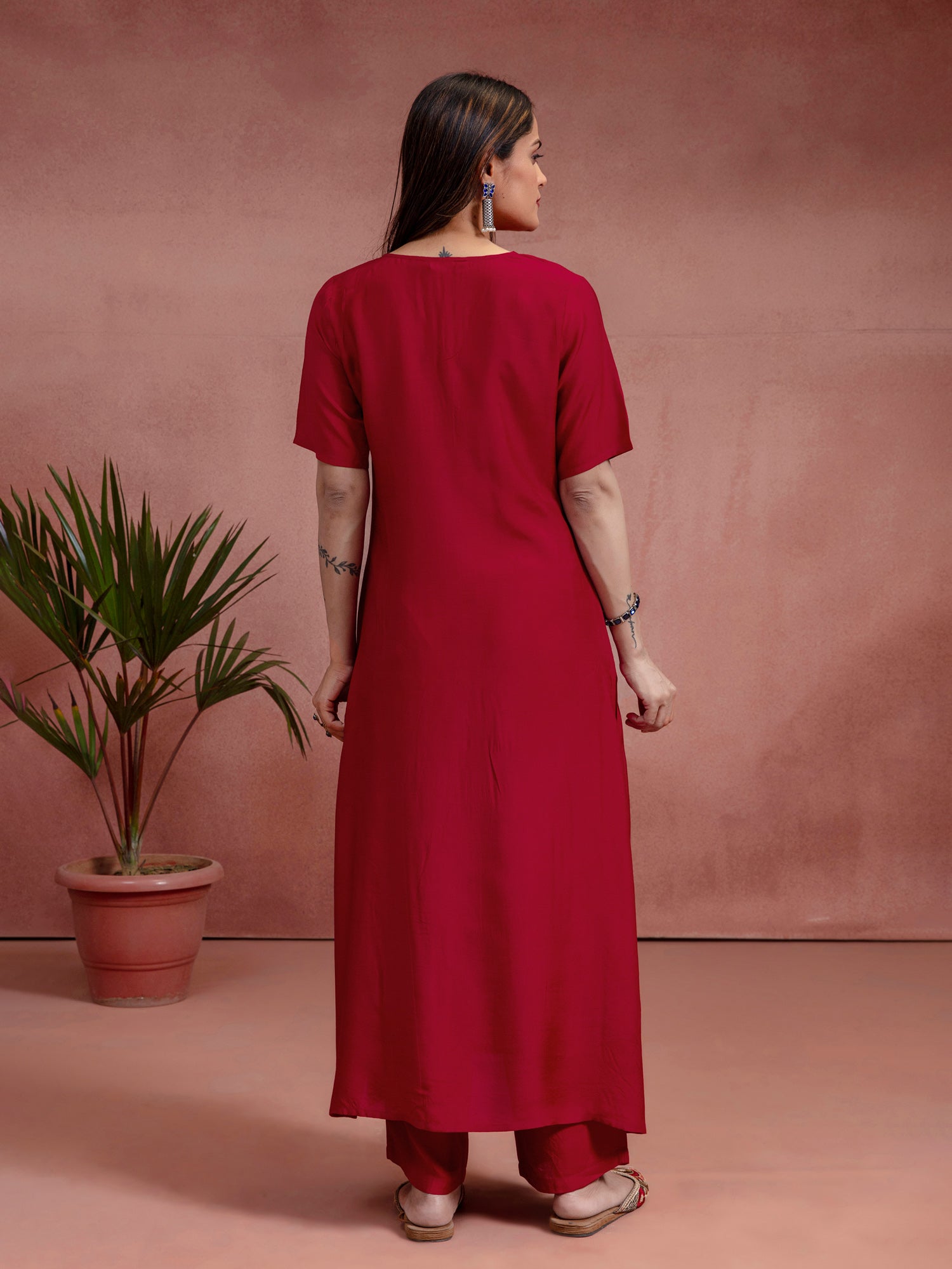 Cherry Red Solid Muslin A-Line Co-Ord Set